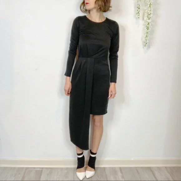 NWT BAR III black long sleeve dress asymmetrical hem draped panel 2087 - Picture 11 of 13
